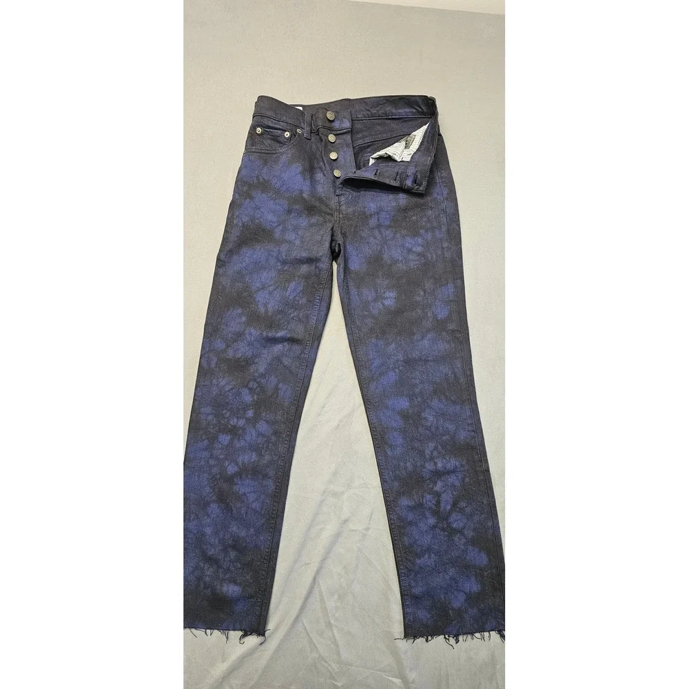 Gap Denim Cheeky Straight High Rise Tie Dye Jeans Blue Black Raw Hem‎ 26 2